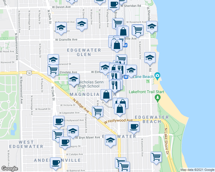 map of restaurants, bars, coffee shops, grocery stores, and more near in Chicago