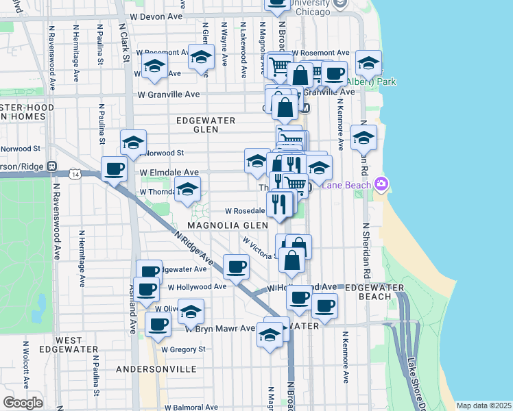 map of restaurants, bars, coffee shops, grocery stores, and more near 5915 North Magnolia Avenue in Chicago