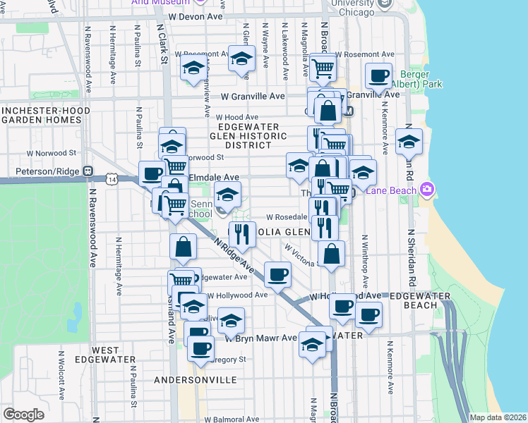map of restaurants, bars, coffee shops, grocery stores, and more near 1356 West Thorndale Avenue in Chicago