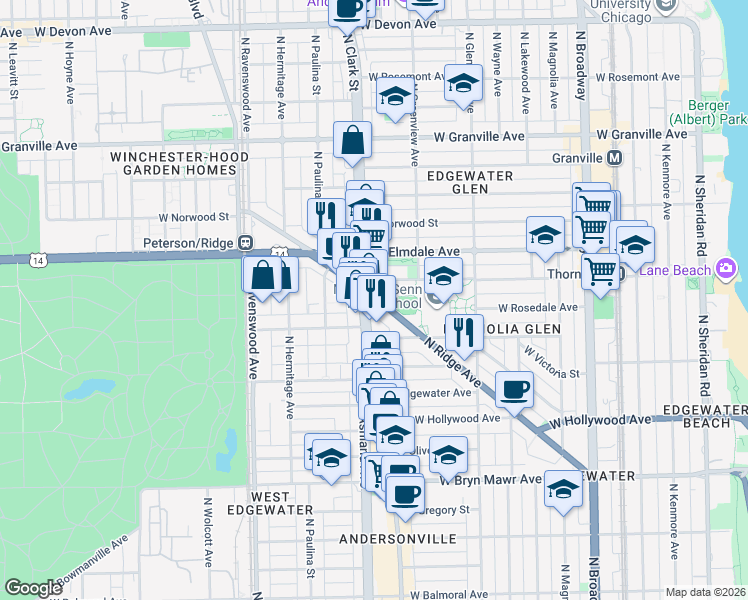 map of restaurants, bars, coffee shops, grocery stores, and more near 1529 West Thorndale Avenue in Chicago