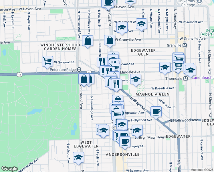 map of restaurants, bars, coffee shops, grocery stores, and more near 5940 North Ridge Avenue in Chicago