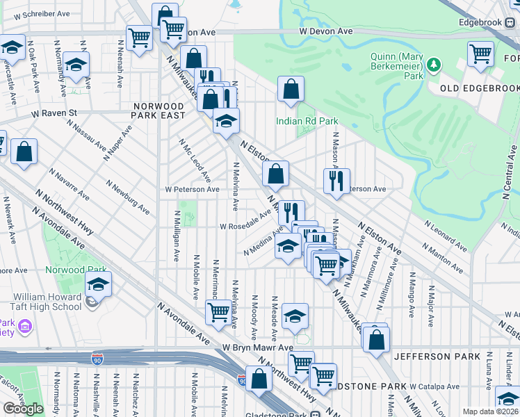 map of restaurants, bars, coffee shops, grocery stores, and more near 6148 West Thorndale Avenue in Chicago