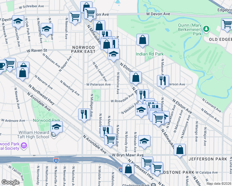 map of restaurants, bars, coffee shops, grocery stores, and more near 5934 North Melvina Avenue in Chicago