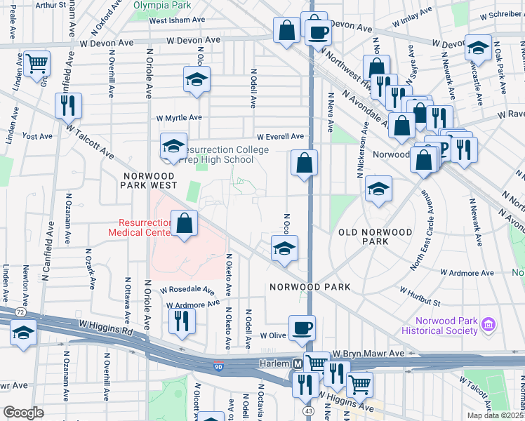 map of restaurants, bars, coffee shops, grocery stores, and more near 5966 North Odell Avenue in Chicago