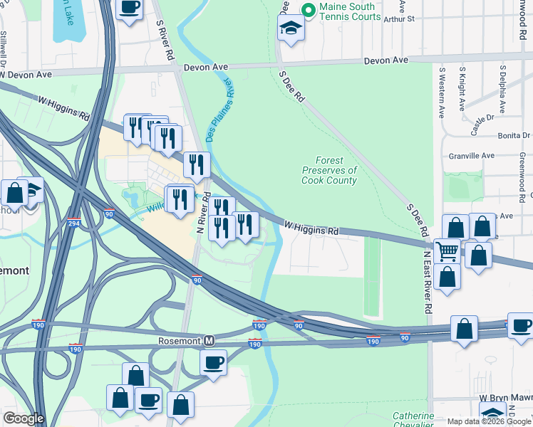 map of restaurants, bars, coffee shops, grocery stores, and more near 9399 West Higgins Road in Rosemont