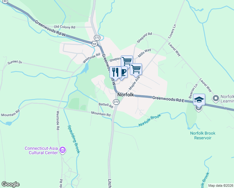 map of restaurants, bars, coffee shops, grocery stores, and more near 3 Greenwoods Road East in Litchfield County