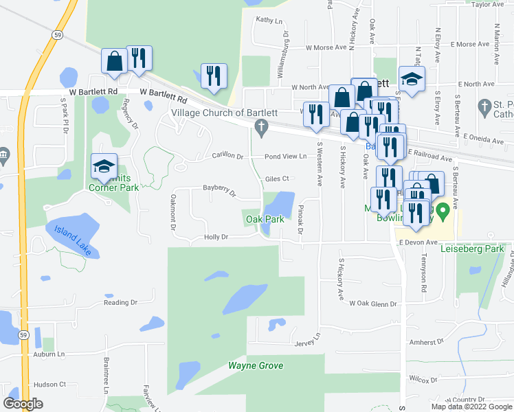map of restaurants, bars, coffee shops, grocery stores, and more near 701 Bayberry Drive in Bartlett
