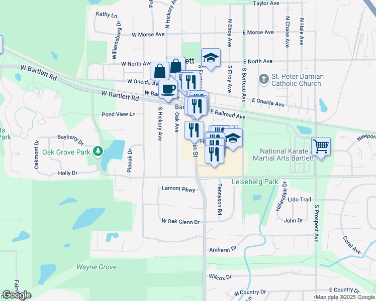 map of restaurants, bars, coffee shops, grocery stores, and more near 326 South Main Street in Bartlett