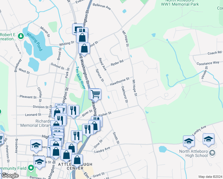 map of restaurants, bars, coffee shops, grocery stores, and more near 167 Al Pace Drive in North Attleborough