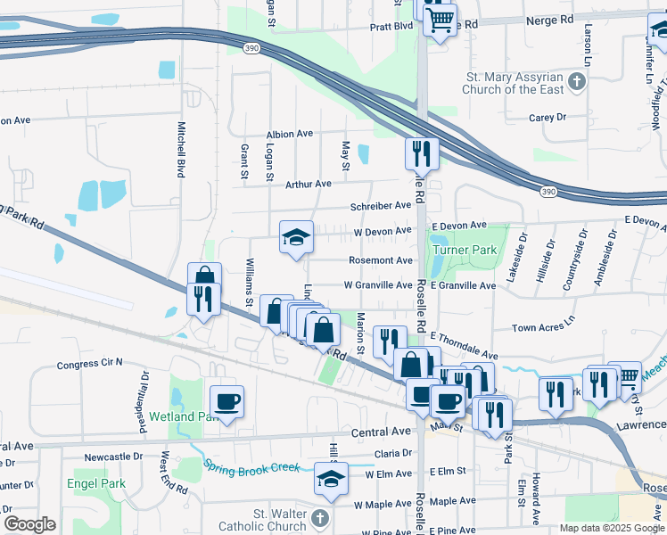 map of restaurants, bars, coffee shops, grocery stores, and more near 129 Rosemont Avenue in Roselle