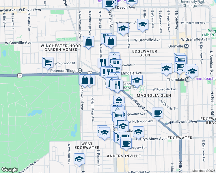 map of restaurants, bars, coffee shops, grocery stores, and more near in Chicago