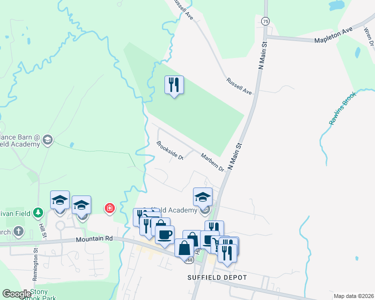 map of restaurants, bars, coffee shops, grocery stores, and more near 95 Marbern Drive in Suffield