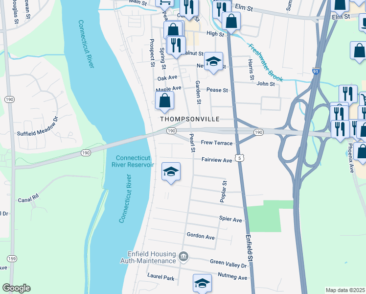 map of restaurants, bars, coffee shops, grocery stores, and more near 12 Birch Street in Enfield