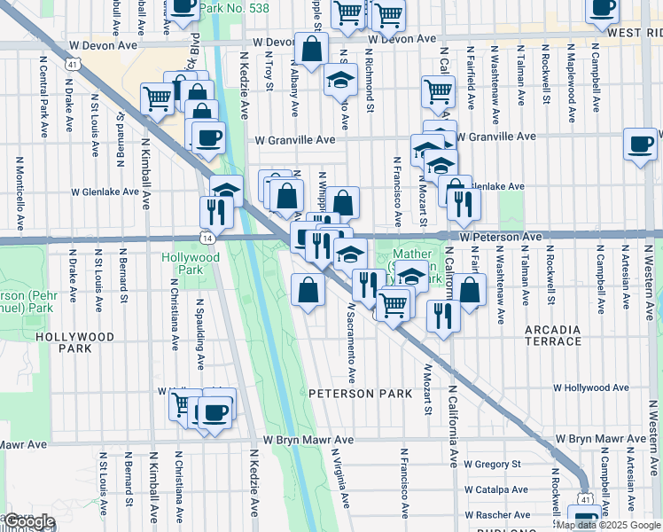 map of restaurants, bars, coffee shops, grocery stores, and more near 5941 North Lincoln Avenue in Chicago