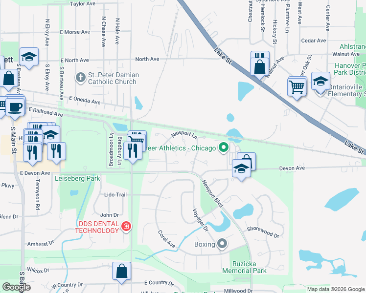 map of restaurants, bars, coffee shops, grocery stores, and more near 342 Mulberry Court in Bartlett