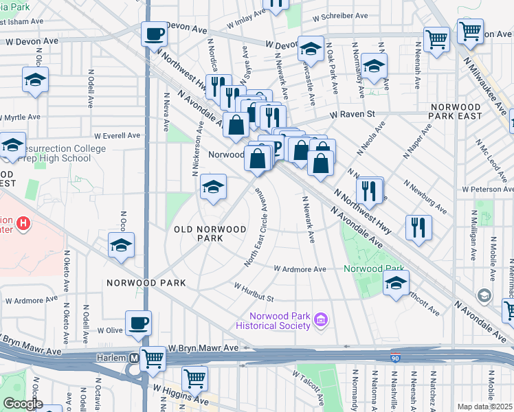 map of restaurants, bars, coffee shops, grocery stores, and more near 5930 North East Circle Avenue in Chicago