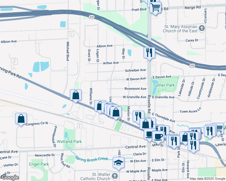 map of restaurants, bars, coffee shops, grocery stores, and more near 151 Rosemont Avenue in Roselle