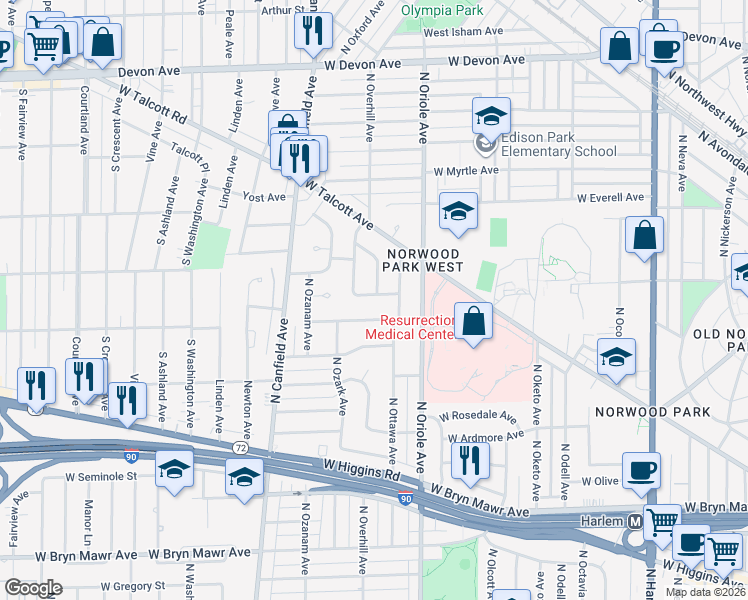 map of restaurants, bars, coffee shops, grocery stores, and more near 7655 West Norwood Street in Chicago