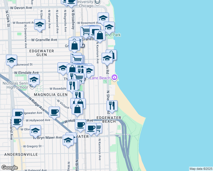 map of restaurants, bars, coffee shops, grocery stores, and more near 5906 North Sheridan Road in Chicago