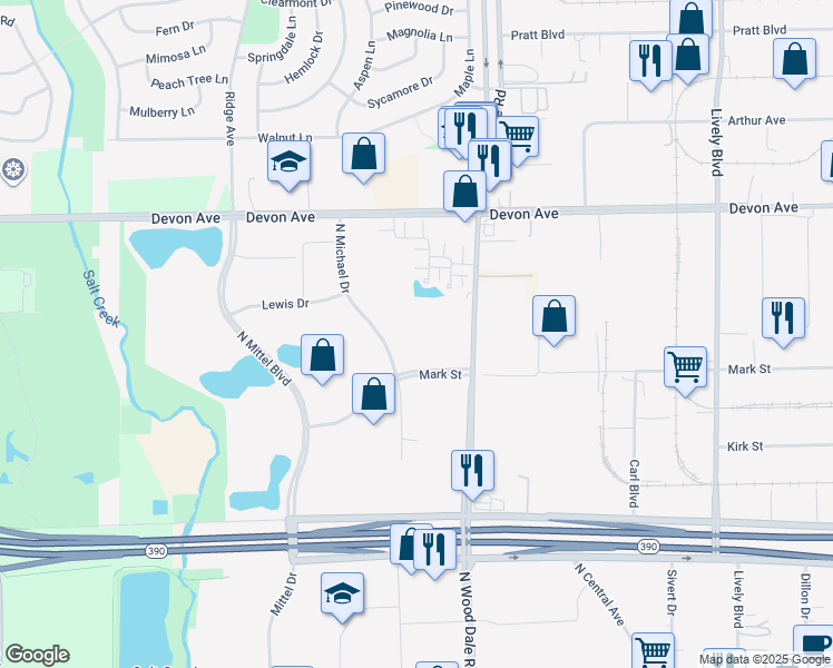 map of restaurants, bars, coffee shops, grocery stores, and more near 101 Mark Street in Wood Dale