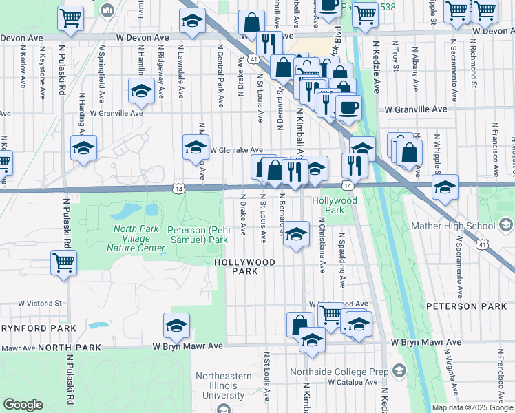 map of restaurants, bars, coffee shops, grocery stores, and more near 5932 N Saint Louis Avenue in Chicago