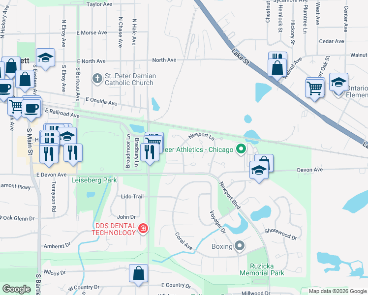 map of restaurants, bars, coffee shops, grocery stores, and more near 303 Newport Lane in Bartlett