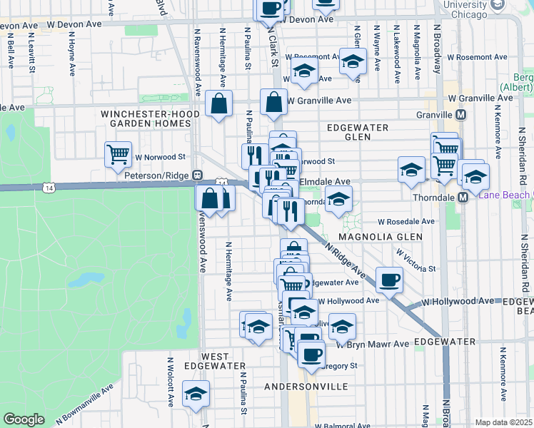 map of restaurants, bars, coffee shops, grocery stores, and more near 5940 North Ridge Avenue in Chicago