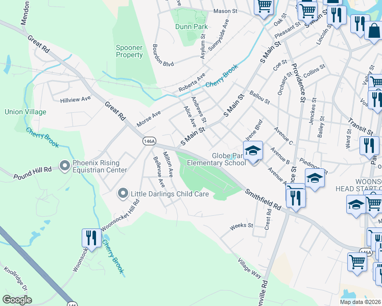 map of restaurants, bars, coffee shops, grocery stores, and more near 46 Smithfield Road in Woonsocket