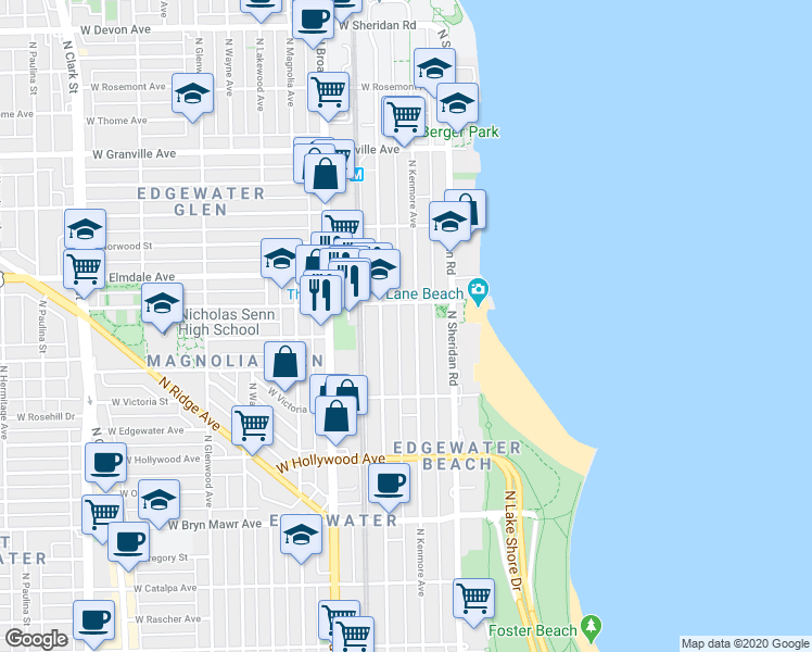 map of restaurants, bars, coffee shops, grocery stores, and more near 5908 North Kenmore Avenue in Chicago