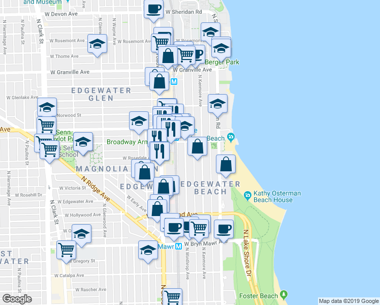 map of restaurants, bars, coffee shops, grocery stores, and more near 5832 North Winthrop Avenue in Chicago