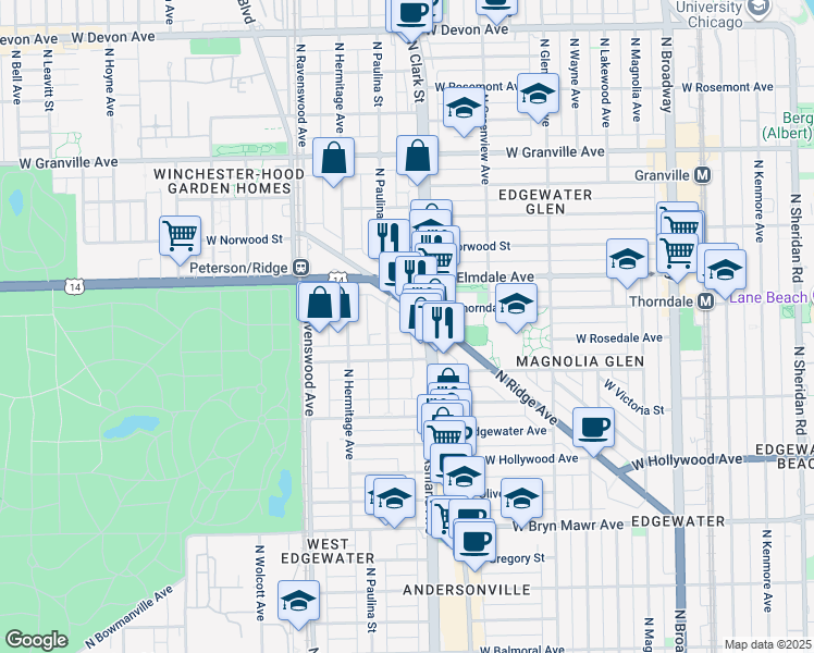 map of restaurants, bars, coffee shops, grocery stores, and more near 5940 North Ridge Avenue in Chicago