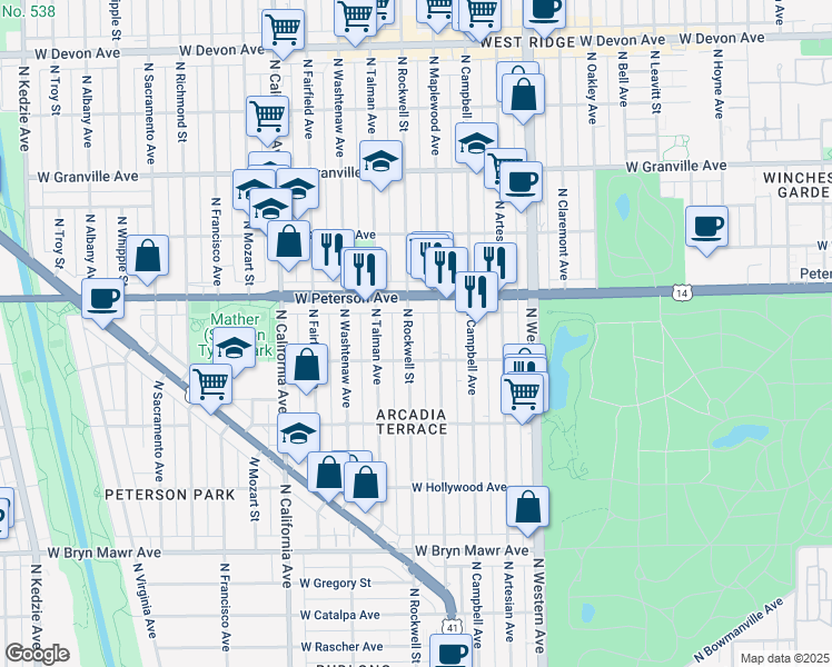 map of restaurants, bars, coffee shops, grocery stores, and more near 5927 North Rockwell Street in Chicago