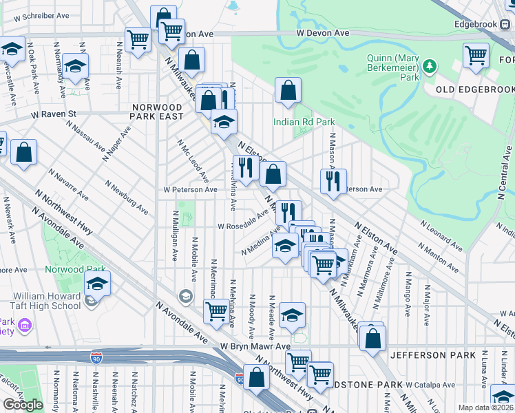 map of restaurants, bars, coffee shops, grocery stores, and more near 6148 West Thorndale Avenue in Chicago
