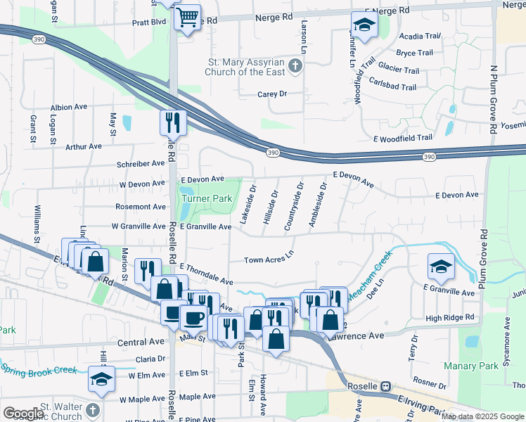 map of restaurants, bars, coffee shops, grocery stores, and more near 353 Hillside Drive in Roselle