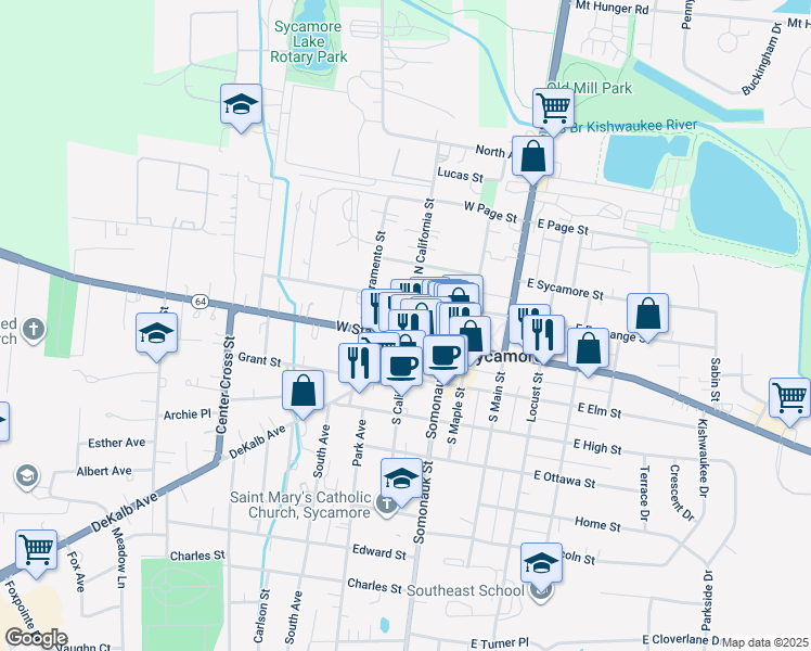 map of restaurants, bars, coffee shops, grocery stores, and more near 425 West State Street in Sycamore