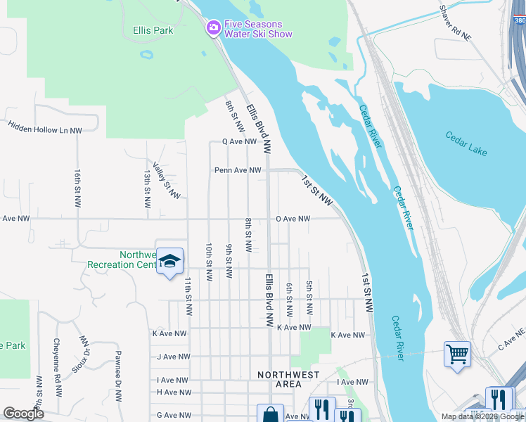 map of restaurants, bars, coffee shops, grocery stores, and more near 1619 8th Street Northwest in Cedar Rapids