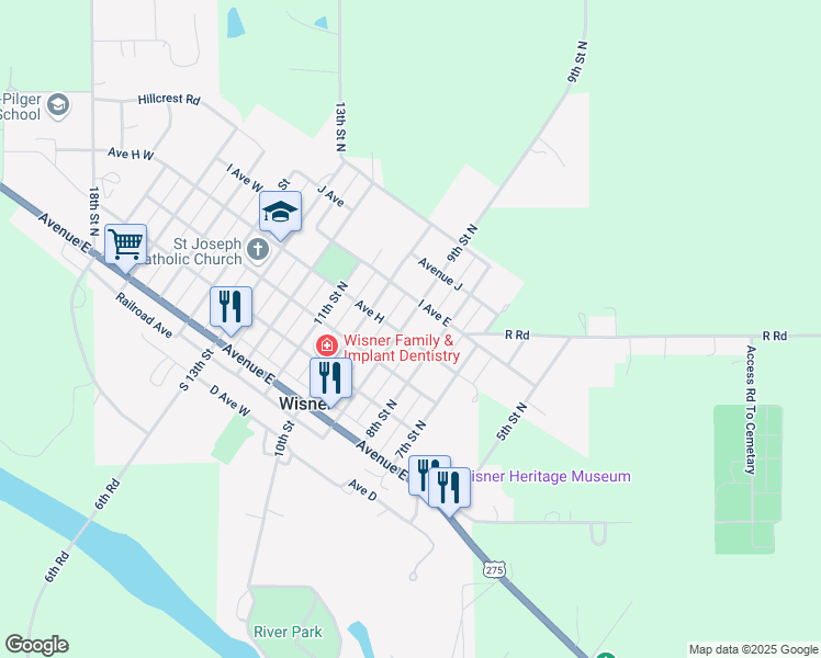 map of restaurants, bars, coffee shops, grocery stores, and more near 801-899 9th Street North in Wisner