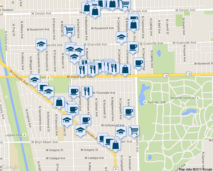 map of restaurants, bars, coffee shops, grocery stores, and more near 5927 North Rockwell Street in Chicago
