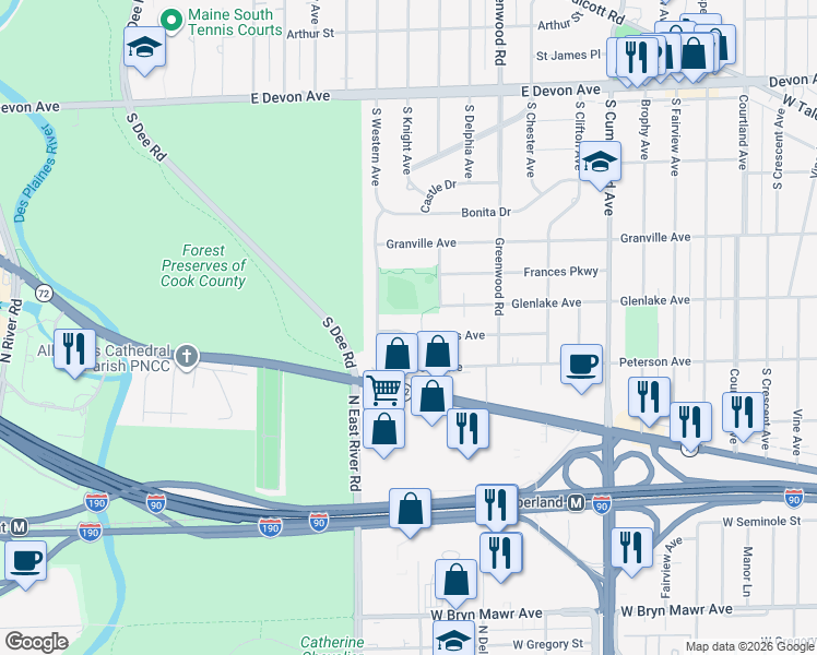 map of restaurants, bars, coffee shops, grocery stores, and more near 1420 Lois Avenue in Park Ridge