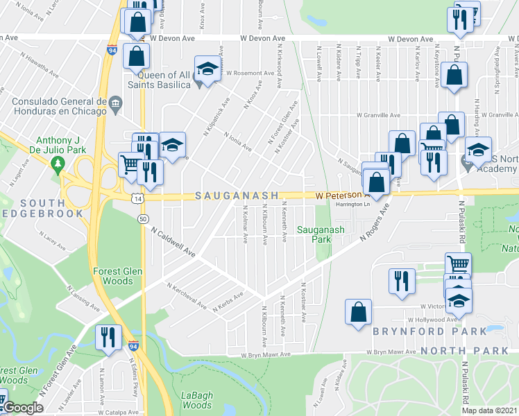 map of restaurants, bars, coffee shops, grocery stores, and more near 5944 N Kilbourn Ave in Chicago