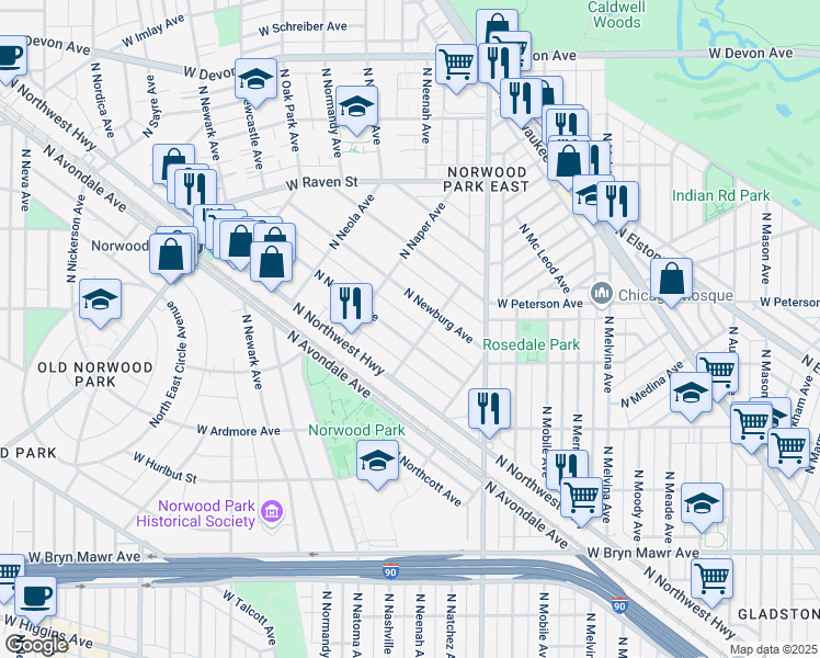 map of restaurants, bars, coffee shops, grocery stores, and more near 5911 North Navarre Avenue in Chicago