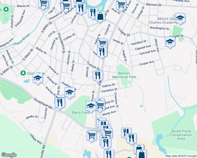 map of restaurants, bars, coffee shops, grocery stores, and more near 1019 Park Ave in Woonsocket