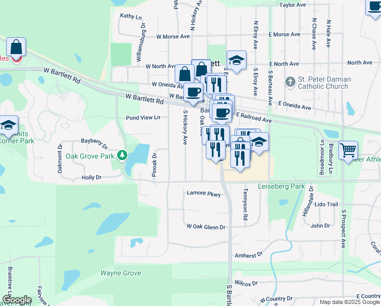 map of restaurants, bars, coffee shops, grocery stores, and more near 300 South Oak Avenue in Bartlett