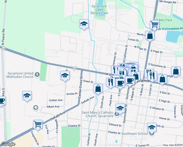map of restaurants, bars, coffee shops, grocery stores, and more near 594 West State Street in Sycamore