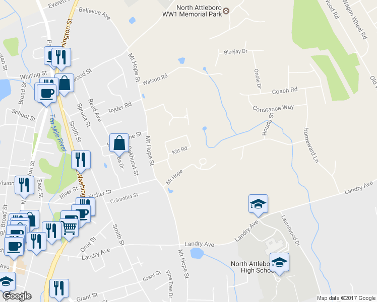 map of restaurants, bars, coffee shops, grocery stores, and more near 39 Kitt Road in North Attleborough