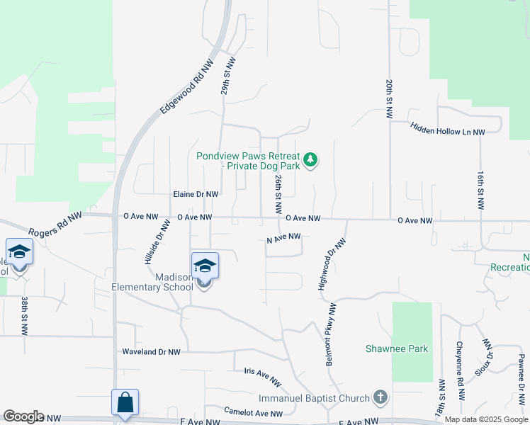 map of restaurants, bars, coffee shops, grocery stores, and more near 2620 O Avenue Northwest in Cedar Rapids