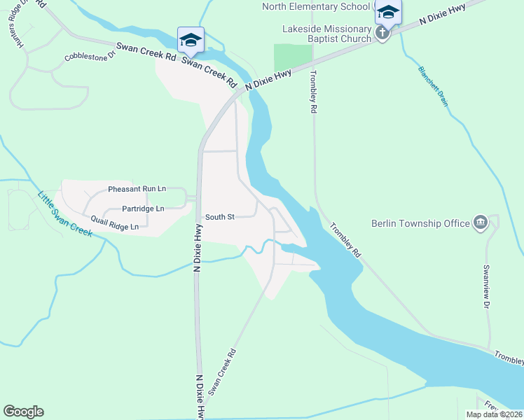 map of restaurants, bars, coffee shops, grocery stores, and more near 7742 Swan Creek Road in Charter Township of Berlin