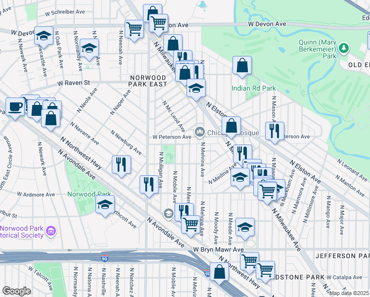 map of restaurants, bars, coffee shops, grocery stores, and more near 5932 North Merrimac Avenue in Chicago