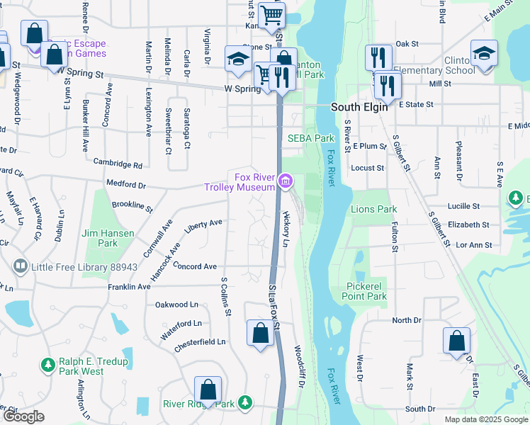 map of restaurants, bars, coffee shops, grocery stores, and more near 259 Windsor Court in South Elgin