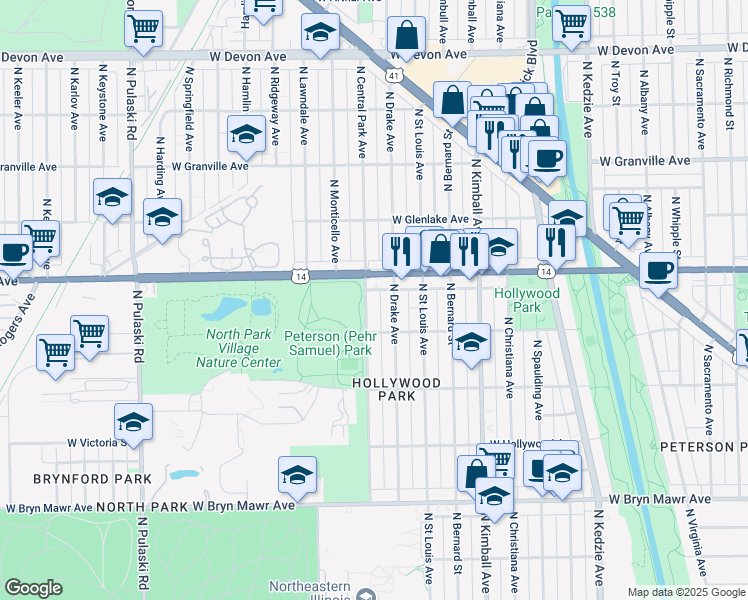 map of restaurants, bars, coffee shops, grocery stores, and more near 5935 North Central Park Avenue in Chicago
